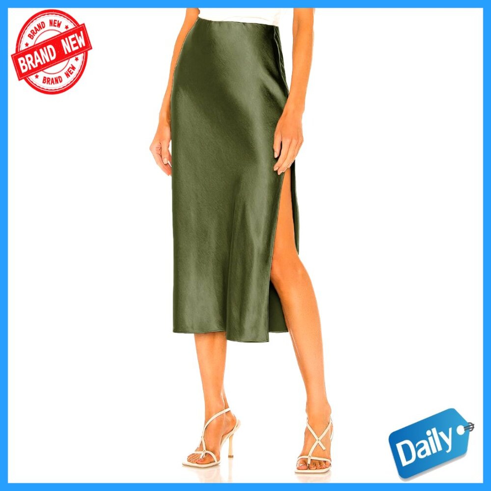 Satin Midi Skirt With High Waist And Side Slit, Elastic Waistband, Flowy Hem